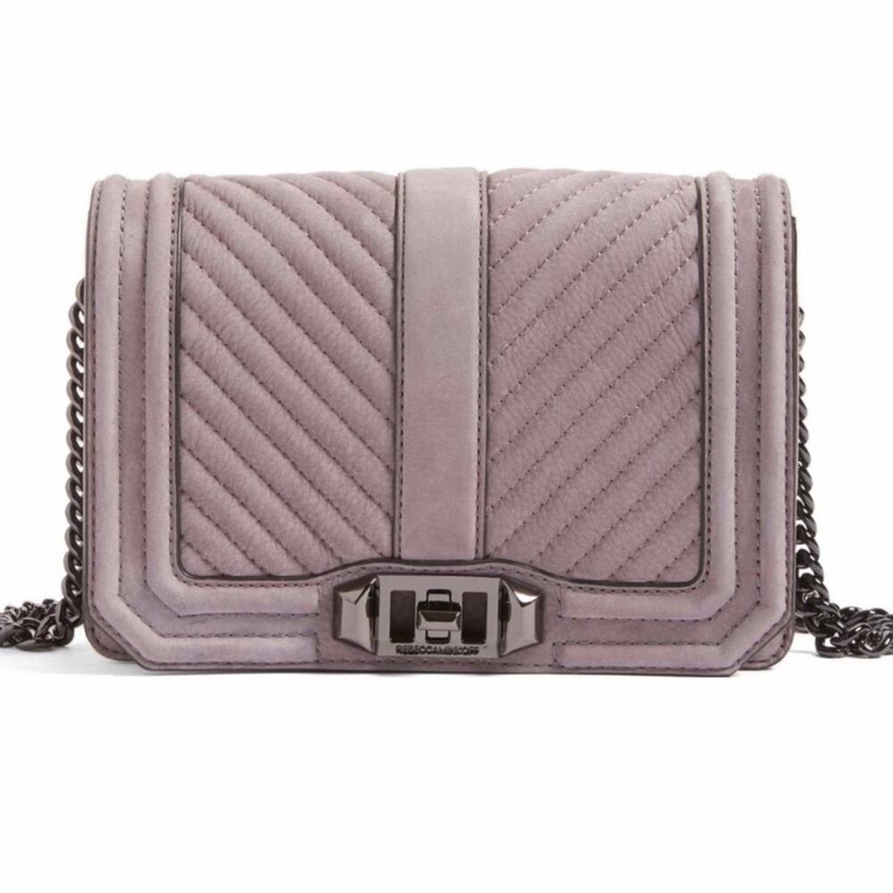 Rebecca Minkoff Chevron Quilted Small Love Crossbody in Deep Lavendar.